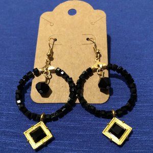 Black Beaded Hoop Earrings with Gold and Black Square Dangles